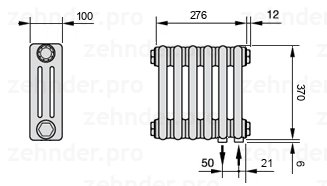 Схема (чертеж) Радиатор Zehnder Charleston 3037/6 №5510 Белый глянцевый RAL 9016